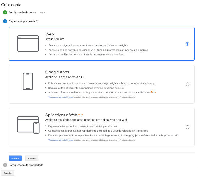 Segundo passo do cadastro no Google Analytics Segundo passo do cadastro no Google Analytics