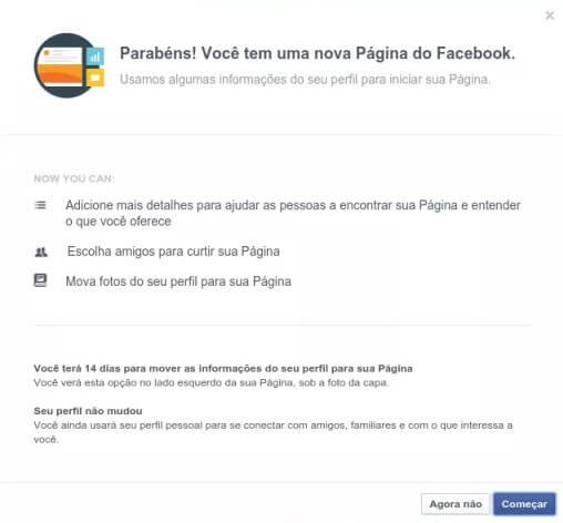 Parabéns você tem uma nova página no Facebook