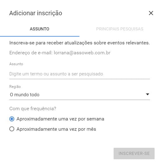 Adicionar inscrição no google trends