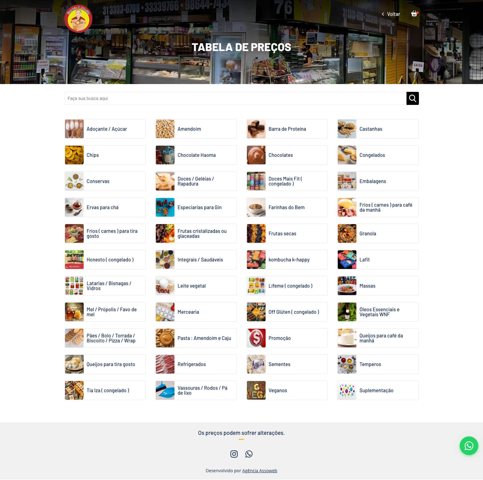 Lista de categorias de produtos Catálogo Empório J. Almeida